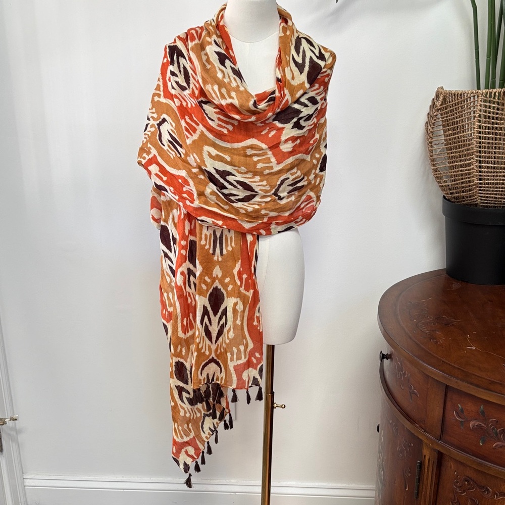 Spartina 449 Linen Orange and Brown Patterned Scarf Wrap 26”x80”
